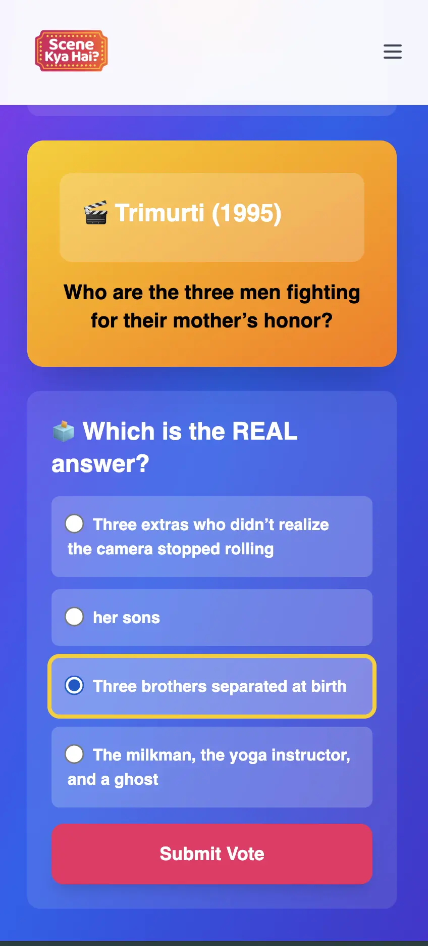 Results screen showing scores and answers